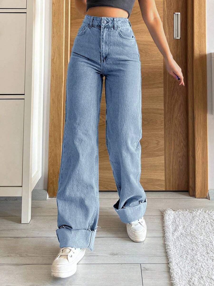 Cottnline 100%Cotton High Waisted Denim Jeans With Frayed Hem - Baby Blue - View 1