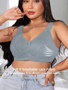 DesireSculpt 1件舒适柔软性感提花曲线图案加厚可调节肩带无钢圈全罩杯加大码文胸 - 淺灰色 - 查看 6