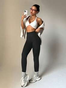 Velisys 2pcs Women's Solid Black & Leopard Print Compression Leggings, Ankle Length, Side Pockets, Suitable For Daily Casual Wear, Running, Yoga, Gym, Tennis, Golf - Black - View 6