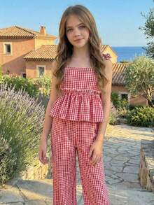 SHEIN Tween Girls Summer Cute Striped Camisole And Elastic Waist Pants 2 Pieces Set - Red - View 4