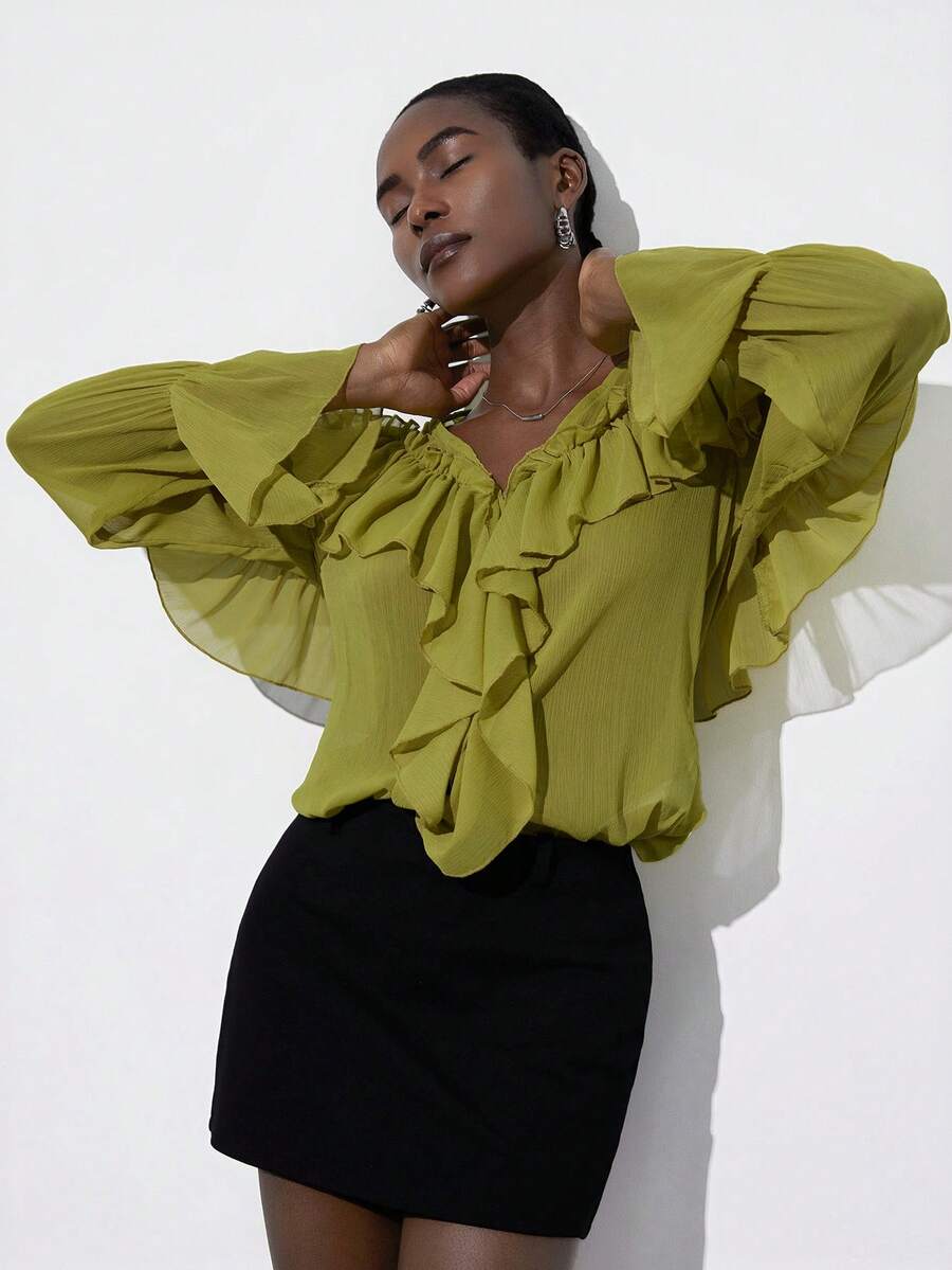 Aveloria Modichic 薄荷绿雪纺荷叶边下摆女士衬衫，V领设计，层叠褶皱波浪元素，法式复古浪漫优雅办公室长袖衬衫 - 綠色 - 查看 1