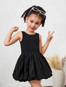SHEIN 女童纯色圆领露背修身针织连衣裙 - 黑色 - 查看 4