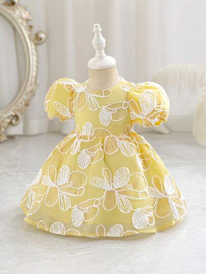 SHEIN Glamorique Kids Baby Girls' Princess Dress, Bowknot, Blue Floral Organza Jacquard Fabric, High-Quality Material, Elegant Jacquard Dress, Suitable For Middle East, Europe And America, Luxurious Party Dress, And Special Occasion Performance