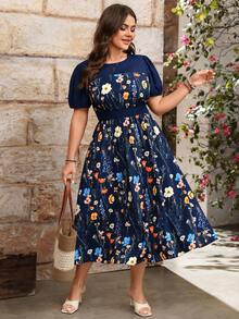 EMERY ROSE Đầm midi dáng xòe cổ tròn tay phồng phối màu trơn in hoa dành cho nữ cỡ lớn, phong cách thanh lịch Pháp, thích hợp cho kỳ nghỉ, thường ngày, lãng mạn, đa năng, retro, mẫu mới cho mùa xuân/hè/thu. - Nhiều màu - Xem 1