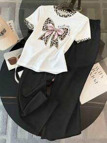 Resyla Women's Bow Print Round Neck Short Sleeve T-Shirt And Pants Casual 2-Piece Set - Multicolor - View 1