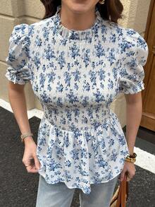 Solivie 女士立领印花褶皱休闲百搭日常衬衫 - 藍白色 - 查看 6