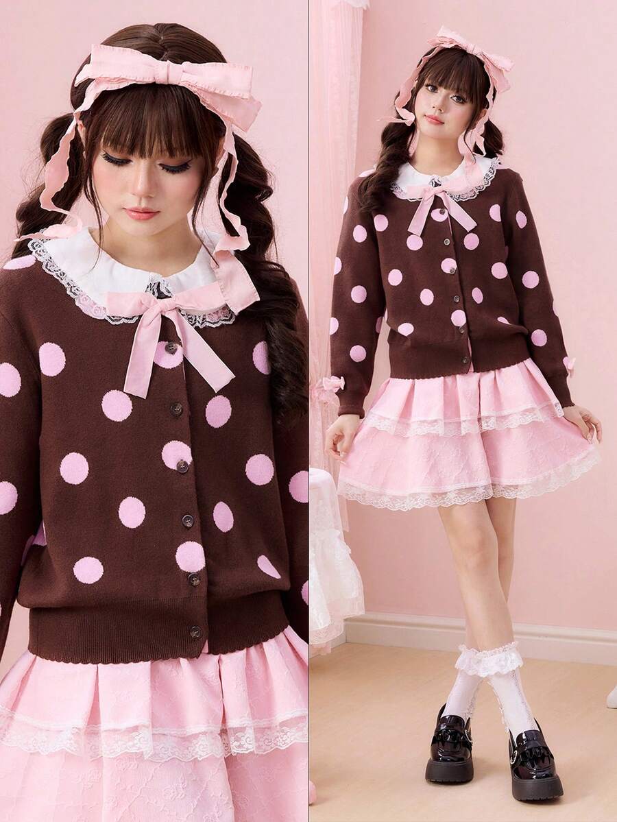 ROMWE Kawaii 复古波点蝴蝶结女士开衫 - 巧克力棕 - 查看 1