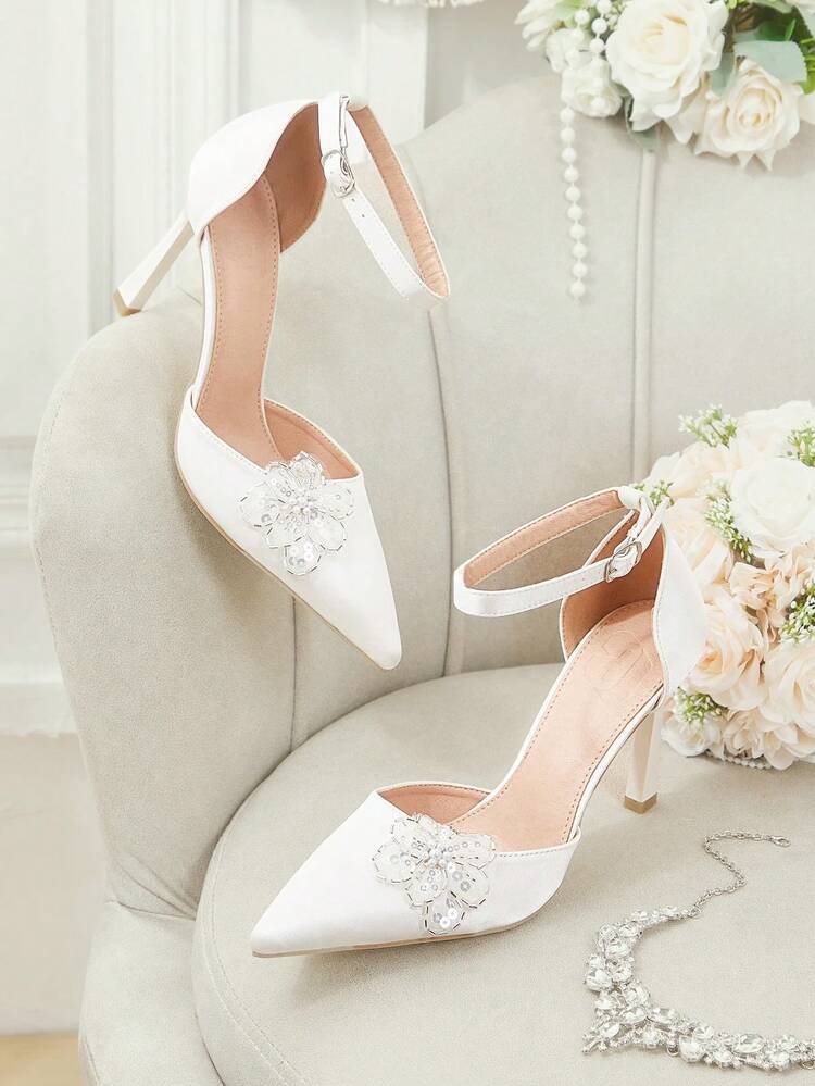 CUCCOO HITCHD Women Shoes Pointed Stiletto Satin Fabric Bow Decoration Stylish Simple And Comfortable Daily Party Wedding Banquet Buckle Style Hollow High Heels Elegant Shoes Wedding Shoes