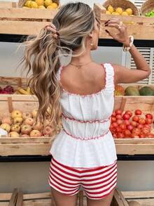 Selianne 女士优雅度假风撞色荷叶边方领收腰A字吊带背心 - 白色 - 查看 2