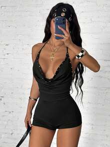 StreetHx Women's Fashionable Black Knit Plunging Neck Metal Beaded Jumpsuit - Black - View 6