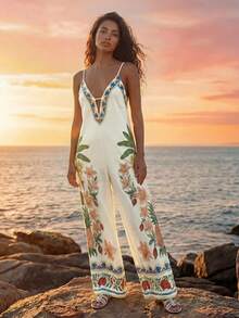 CAJUNI 热带度假可爱刺绣连体裤 - 杏色 - 查看 1