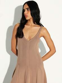 KSTM Women's Knit Ribbed V-Neck Sleeveless Maxi Dress With Godet Pleats And Tank Style Silhouette For Casual And Elegant Occasions - Khaki - View 4