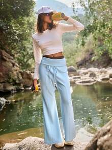 Medorelle Women's Casual Versatile Solid Color Flare Pants Light Blue Women Vacation Pants - Blue - View 1
