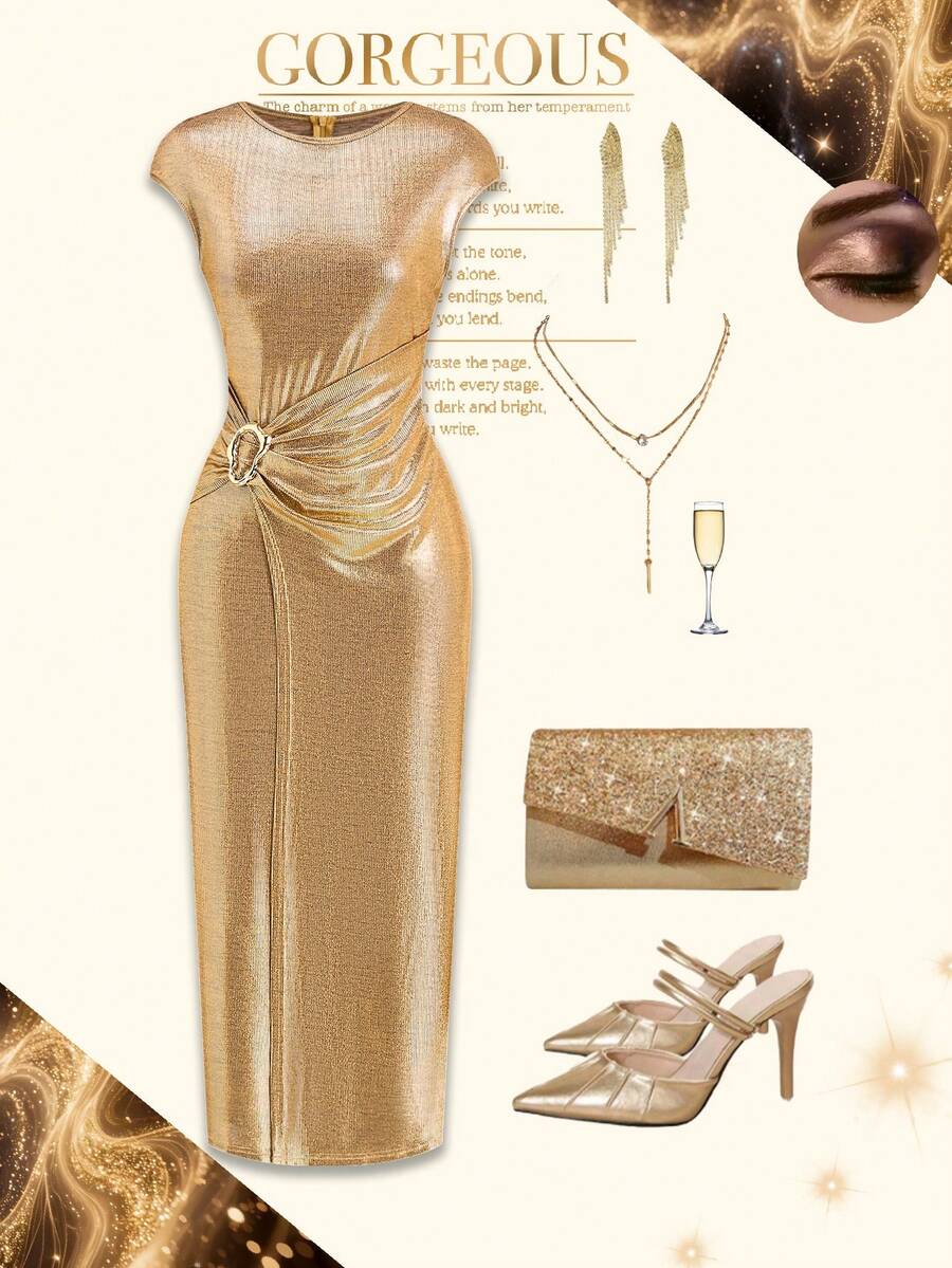 SHEIN Clasi 女士圆领金属装饰褶皱开衩优雅腰身连衣裙，适合派对穿着 - 金色 - 查看 1