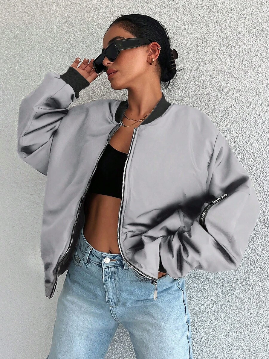 EURMUSE Áo khoác bóng chày dài tay trễ vai màu trơn có khóa kéo phía trước cho nữ, mùa thu - Xám - Xem 1