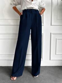 EURMUSE Ladies" Solid Color Straight Legged Pleated Dress Pants, Featuring Pockets, Suitable For Casual And Commuting - Navy Blue - View 4