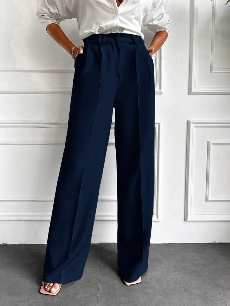 EURMUSE Ladies" Solid Color Straight Legged Pleated Dress Pants, Featuring Pockets, Suitable For Casual And Commuting - Navy Blue - View 4