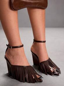 CUCCOO SZL Sandalias elegantes de tacón alto con diseño de borlas y hebilla para mujer - Café integral - Ver 7