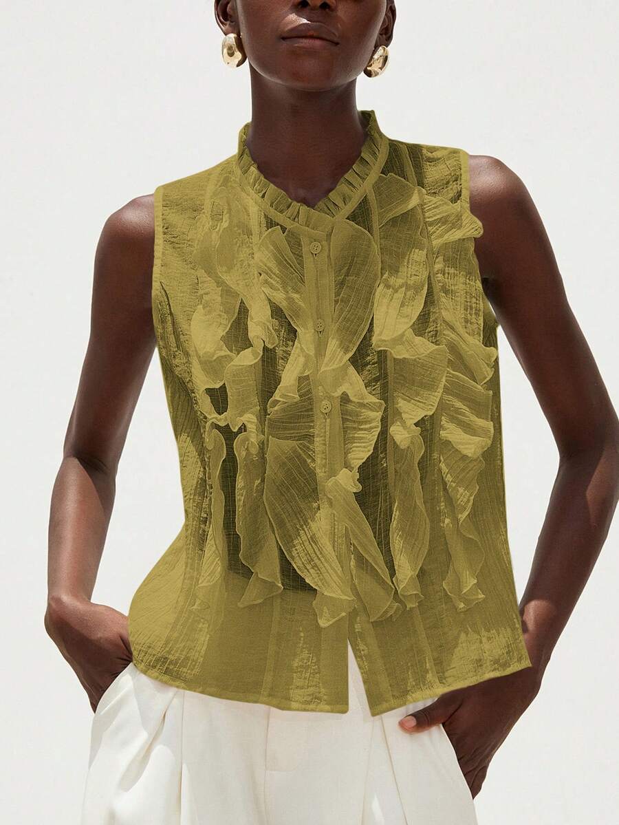 Aveloria Modichic Elegant Romantic Versatile French Style Sleeveless Shirt For Women, White Textured Crinkle Sheer Multi-Layer Ruffle Collar Design - Olive Green - View 1