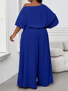 SHEIN Lady 秋冬季优雅复古工作休闲香槟色编织露肩舞会礼服主教袖露背新款大码连体裤 - 寶藍色 - 查看 2