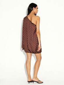 KSTM One Shoulder Asymmetric Mini Dress With Polka Dot Pattern And Balloon Hem Detail For Evening Occasions - Brown - View 2