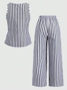 SHEIN 女童条纹背心上衣和蝴蝶结装饰裤套装 - 藍色 - 查看 2