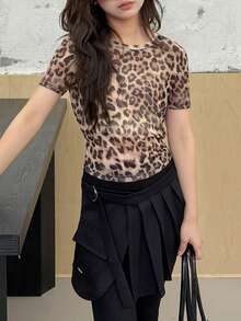 Livesso Mädchen Leoparden-Muster Lässig Vielseitig Alltags Kurzarm T-Shirt - Braun - Übersicht 7