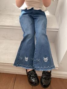 DAZY 秋季女童刺绣喇叭牛仔裤 - 藍色 - 查看 5