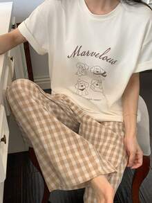 DAZY Conjunto de pijama de camiseta de manga corta con cuello redondo y estampado de letras y perro de dibujos animados, y pantalones a cuadros para adolescentes en verano - Albaricoque - Ver 6