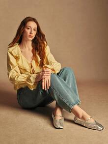 Rosivie 女士休闲编织方头舒适玛丽珍平底鞋 - 金色 - 查看 6