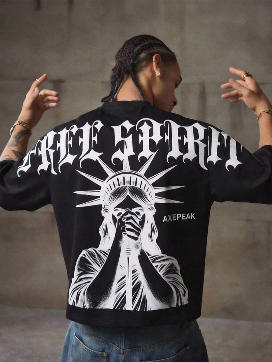 AXEPEAK Men's Casual Fashion Street Style Round Neck Short Sleeve T-Shirt - Black - View 1