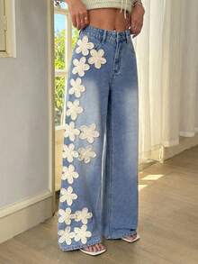 Breezaya Jeans droits décontractés et amples pour femmes avec patchs décoratifs - Bleu azur - Voir 5