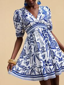 Travachic Đầm ngắn tay cánh hoa in họa tiết nhiệt đới thoải mái dành cho nữ, thích hợp cho kỳ nghỉ. - Nhiều màu - Xem 6