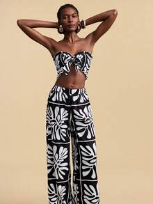 Travachic Bộ đồ thể thao nữ mùa hè thường ngày, phối màu tương phản, gồm áo croptop ống buộc dây và quần dài. - Nhiều màu - Xem 8