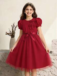 Girls' Elegant Bowknot Decor Dress With Belt, Summer - Red - View 2
