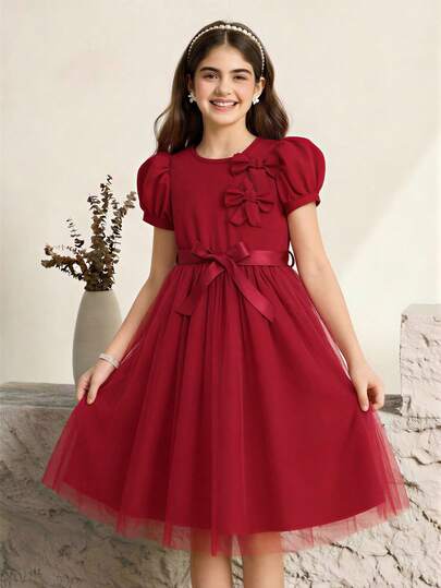 Girls' Elegant Bowknot Decor Dress With Belt, Summer