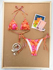 Swim Vcay 2026 Spring/Summer Spaghetti Strap Orange Floral Halter Side High Cut Tie-Side Bikini Two Pieces Swimwear, Vacation Style - Multicolor - View 1