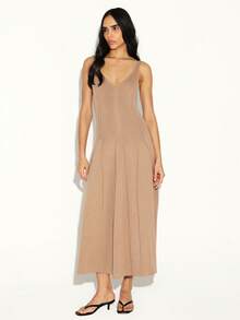 KSTM Women's Knit Ribbed V-Neck Sleeveless Maxi Dress With Godet Pleats And Tank Style Silhouette For Casual And Elegant Occasions - Khaki - View 1