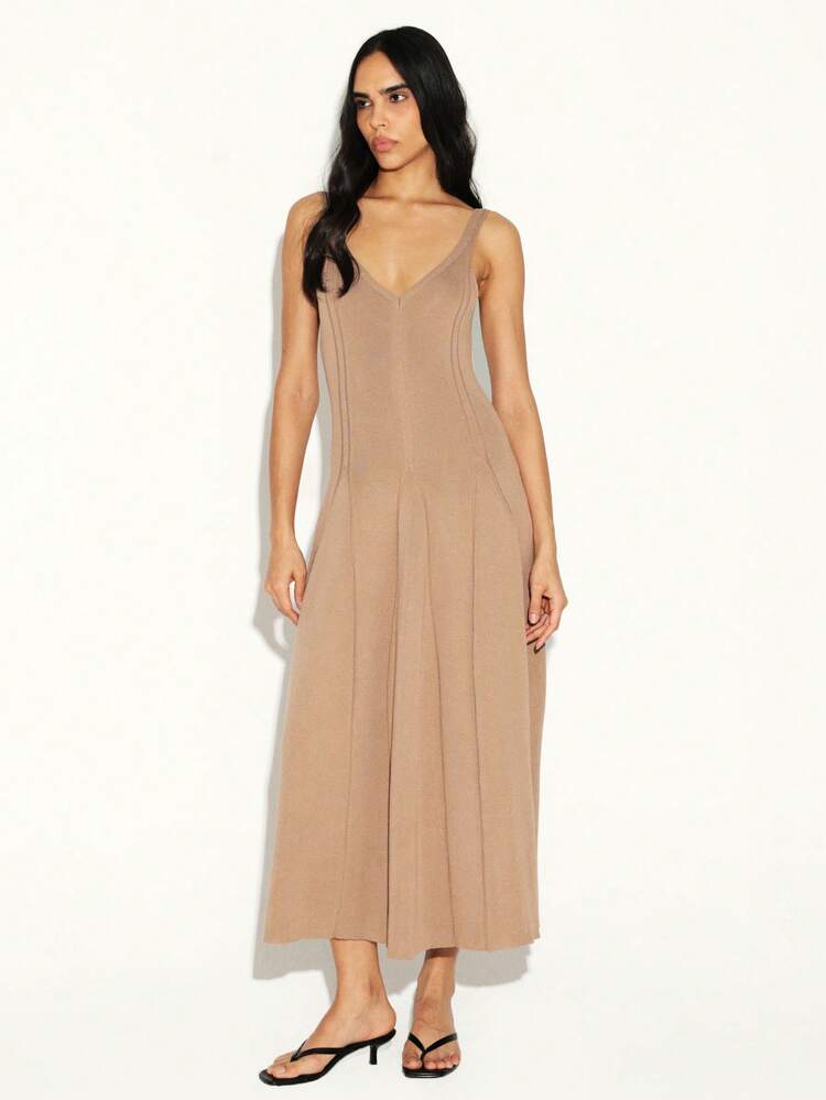 KSTM Women's Knit Ribbed V-Neck Sleeveless Maxi Dress With Godet Pleats And Tank Style Silhouette For Casual And Elegant Occasions