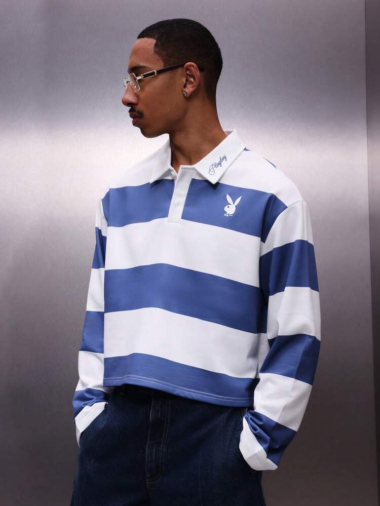 PLAYBOY X SUMWON Men's Long Sleeve Horizontal Striped Rugby Polo Shirt With Bunny Logo Regular Fit Collared Top Casual Wear