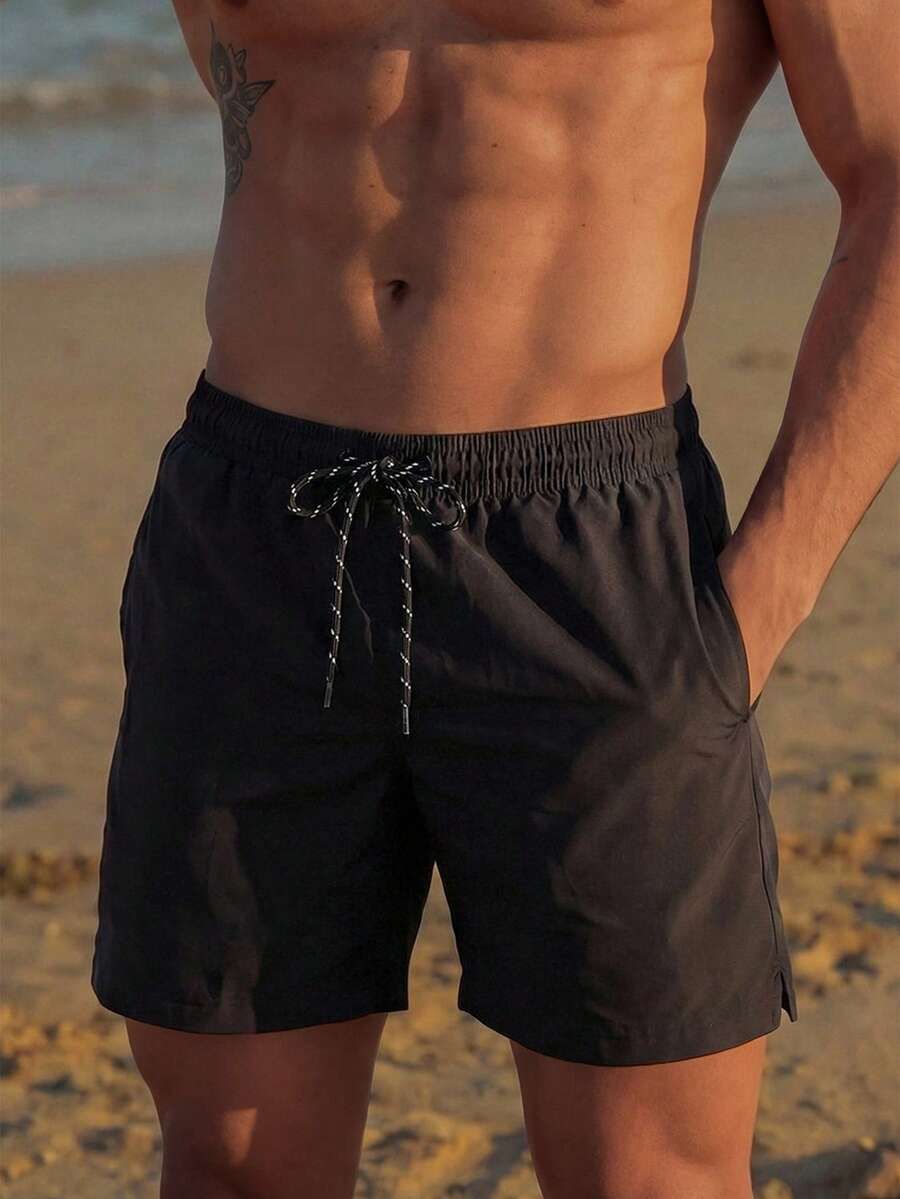 Manfinity EZcore Plusstorlekar Herr Enfärgade Strandshorts med Dragsko och Ficka i Midjan Herrshorts med Dragsko och Badshorts - Svart - Visa 1