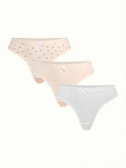 3Pcs Women's Cute Bow Underwear - Comfortable And Elastic, Floral Print, Low Waist, Soft Adhesive Blend, Fashion Underwear, Cotton Underwear, Pink