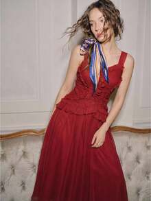 Anewsta Women's Elegant Vacation Dress, Sleeveless Pleated Frill Trim Waist Fit And Flare Red Dress French Style Dress Red Ruffle Dress - Red - View 1