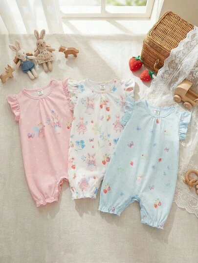 Souflis Souflis 法式新款女婴三件套夏季连体衣，可爱花卉花园故事系列图案，荷叶袖，日常及户外活动必备