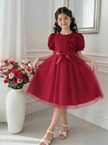 Girls' Elegant Bowknot Decor Dress With Belt, Summer - Red - View 4