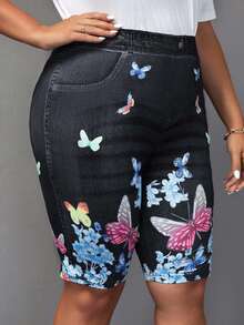 EMERY ROSE Leggings cortos informales con estampado de mariposa para mujer de talla grande - Negro - Ver 5