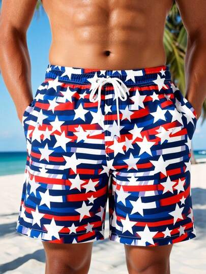 Manfinity Swimmode Men's Casual Striped & Star Print Drawstring Waist Beach Shorts