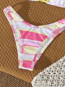 Swim Vcay Women's Yellow Summer Casual Holiday Pool Party Vacation Holiday Halter Triangle Bikini Set,Ribbed Knit Color Block Striped Pattern Swimwear,Y2K - Multicolor - View 7