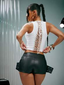 Scoop Neck Lace Up Back Sleeveless Top Sexy Top Concert Fashionable Streetwear - White - View 7