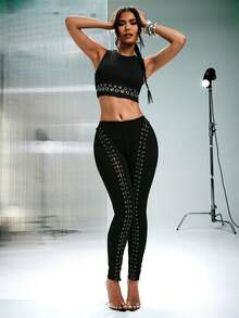 Denimoi Sexy Front Cut Out Lace Up Pants Sexy Outfits Clubwear Concert Outfits High Rise Skinny Pants - Black - View 3